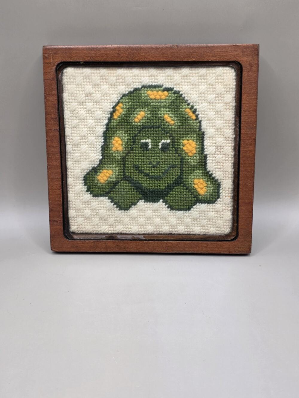 Vintage Needlepoint Embroidery Turtle Picture Framed Art 70s MCM